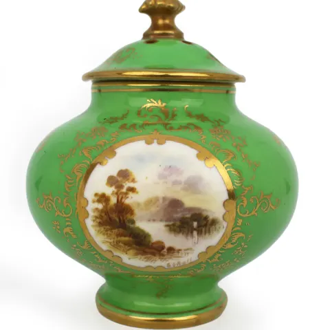 Coalport Green Ground Hand Painted Vase & Cover c.1900