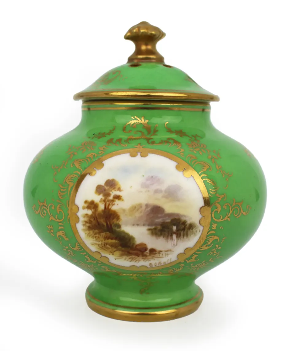 Coalport Green Ground Hand Painted Vase & Cover c.1900