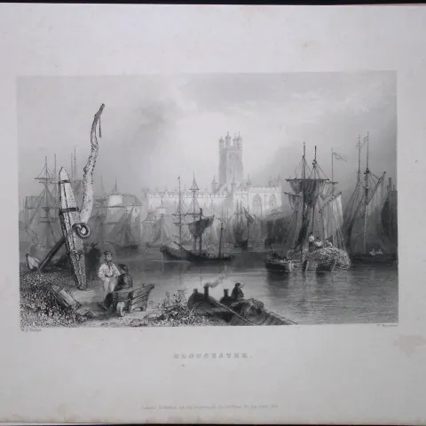 Gloucester Town & Harbour WH Bartlett 1842 Antique Steel Engraving-97
