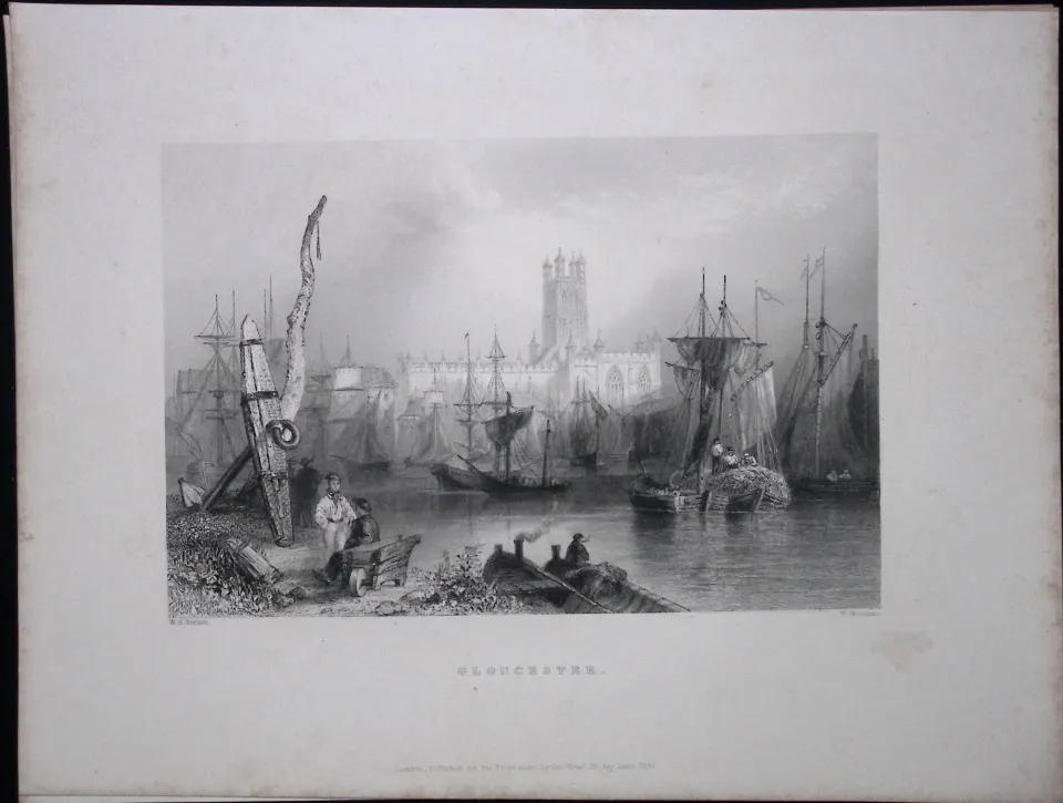 Gloucester Town & Harbour WH Bartlett 1842 Antique Steel Engraving-97
