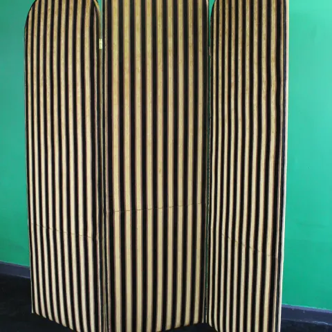 Large Three Fold Gold Striped Upholstered Screen Room Divider