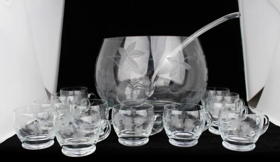 Vintage Punch Bowl, Ladle & 12 Glasses