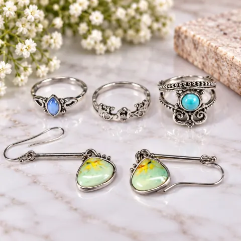 Mixed Silver-Tone Jewellery Set – Three Rings & Drop Earrings