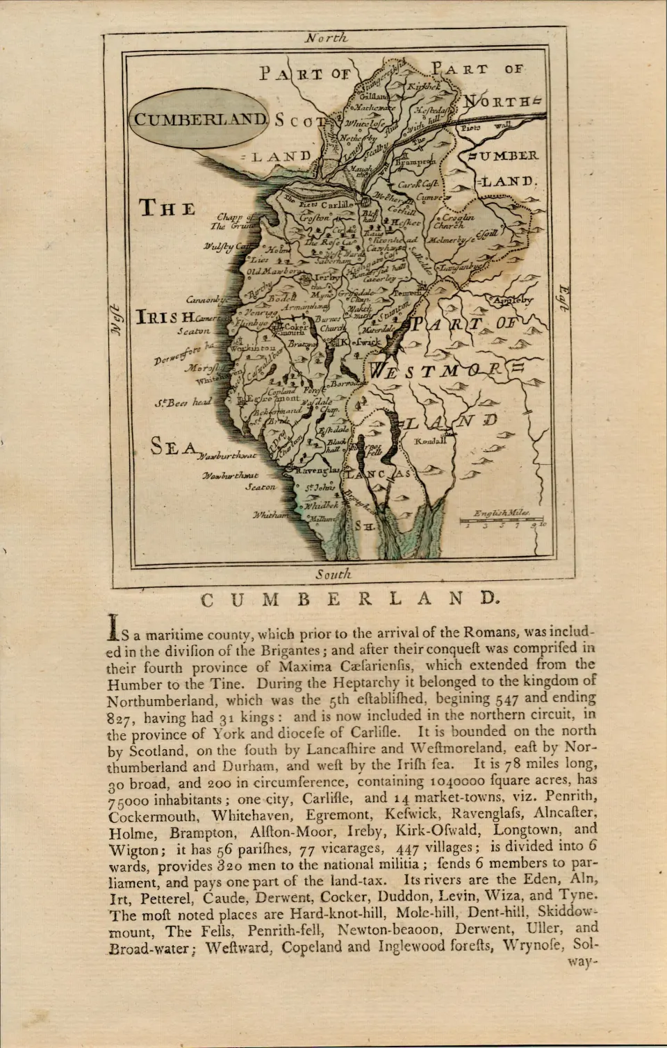 Cumbria Antique c1783 F Grose Copper Coloured George III Map.