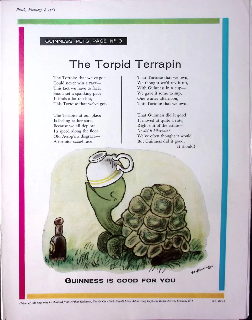 Guinness 1961 Original 64 Years-Old Print The Torpid Terrapin- G.E.3383-A