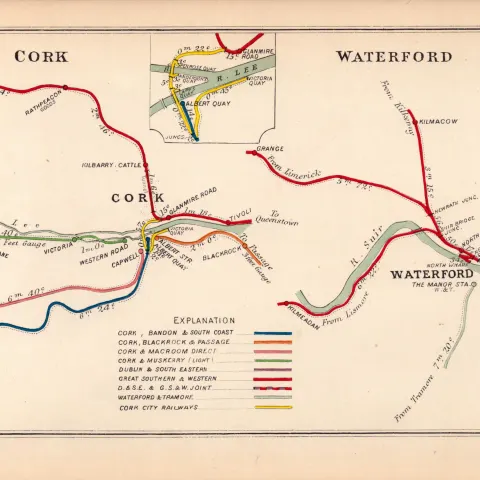 Cork & Waterford Ireland Antique Coloured Railway Diagram-124
