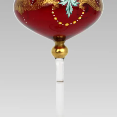 Set of 6 Vintage Italian Enamelled & Gilt Ruby Red Glass Goblets, c.1950s