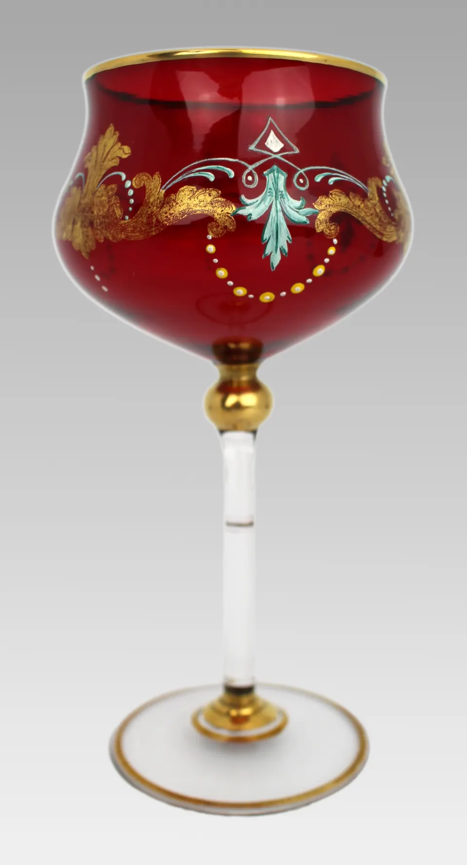 Set of 6 Vintage Italian Enamelled & Gilt Ruby Red Glass Goblets, c.1950s