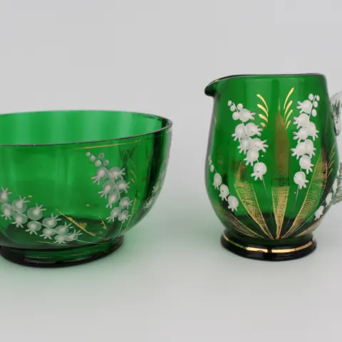 Antique Green Glass Victorian Lily of the Valley Jug & Bowl
