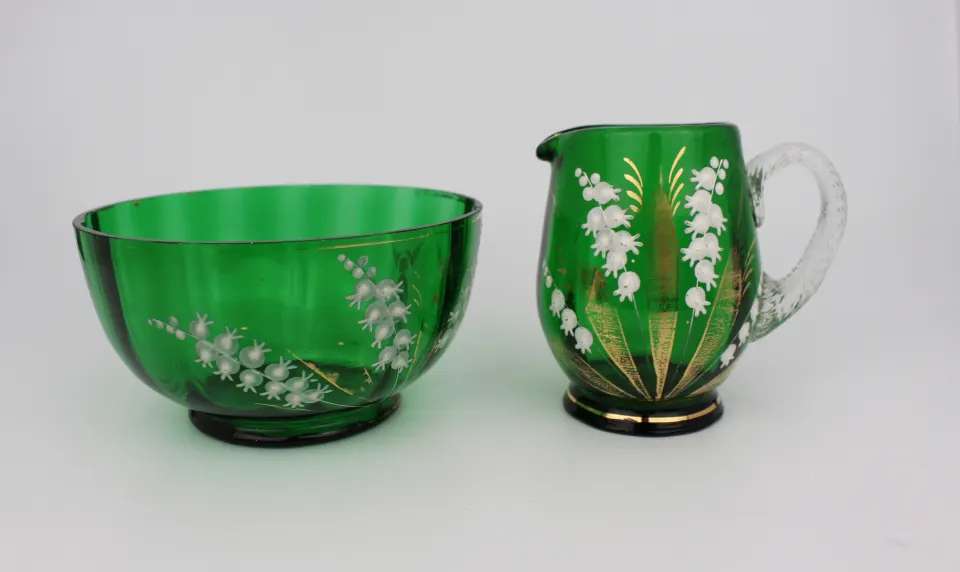 Antique Green Glass Victorian Lily of the Valley Jug & Bowl