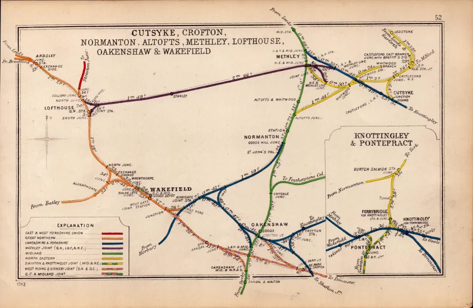 Wakefield Pontefract Yorkshire Antique Railway Junctions Diagram Map-52.
