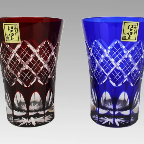 Pair of Japanese Edo Kiriko Overlay Crystal Tumblers by Kimoto Glassware