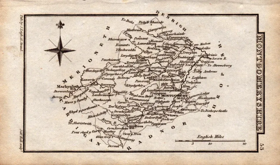 Wales Montgomery Antique Copper Engraved Map by Sidney Hall.