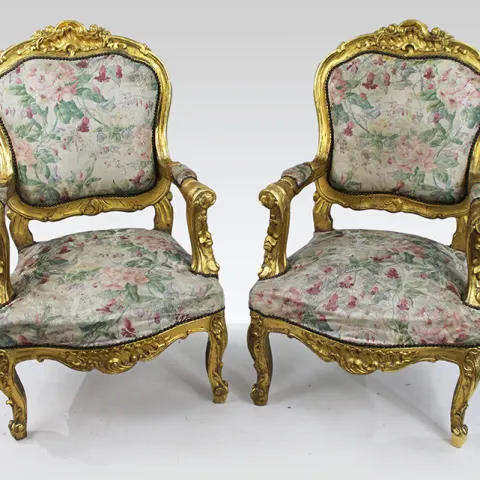 Pair of Carved Giltwood Louis XV Style Upholstered Armchairs