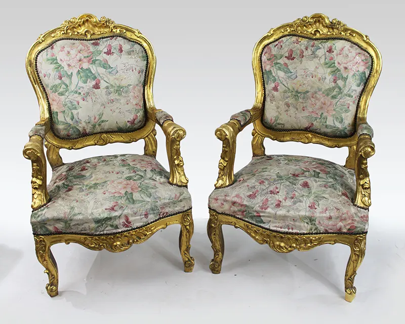 Pair of Carved Giltwood Louis XV Style Upholstered Armchairs