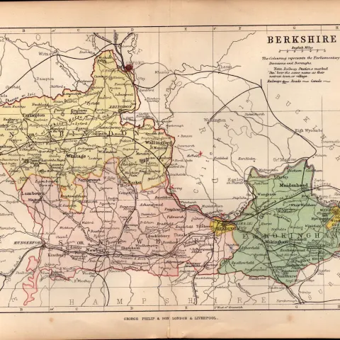 County Of Berkshire 1895 Antique Queen  Victoria Coloured Map.