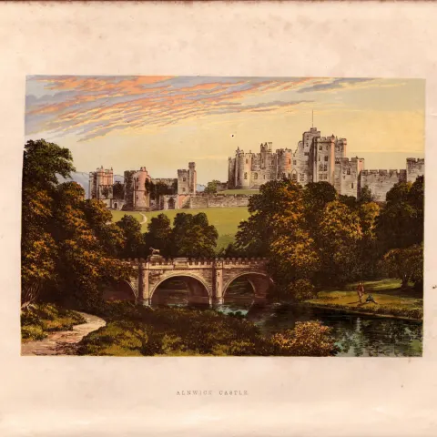 Alnwick Castle Northumberland Gilt-Edge Coloured Antique Book Plate.