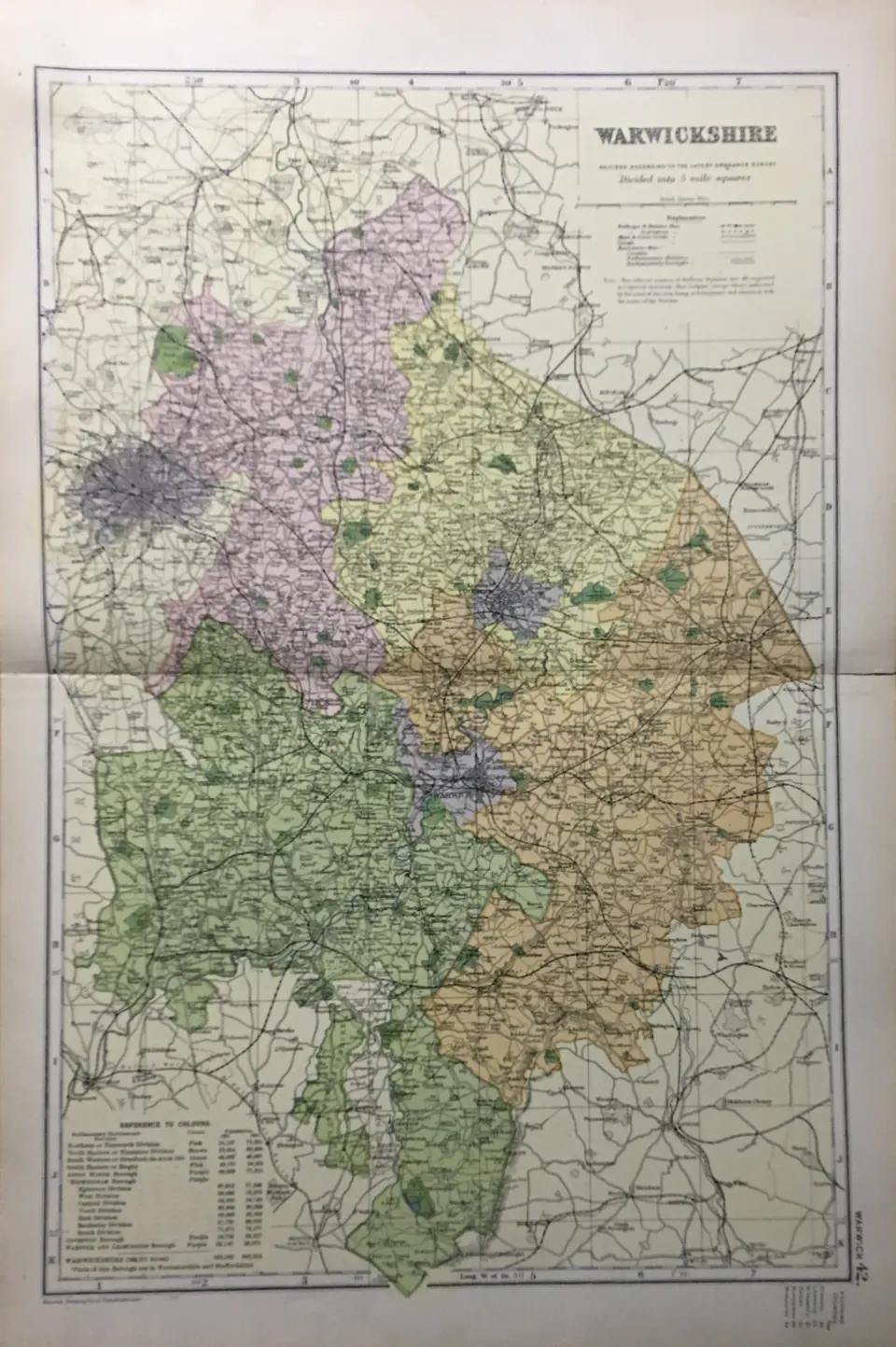 Coloured Antique Large Map Warwickshire  GW Bacon 1904.