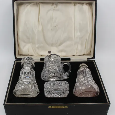 Cased John Walsh Crystal & Silver Cruet Set 1925