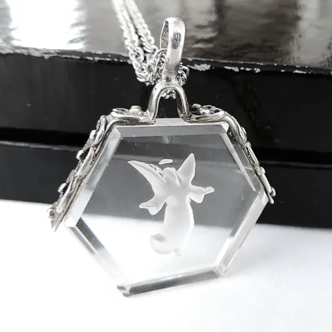 Antique 925 Silver Rock Crystal Carved Angel Intaglio Necklace
