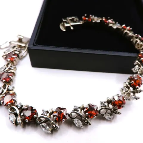Sterling Silver Red & White Topaz Floral Cluster Bracelet With Gift Box