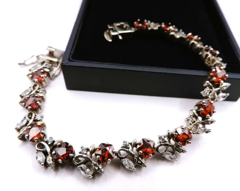 Sterling Silver Red & White Topaz Floral Cluster Bracelet With Gift Box