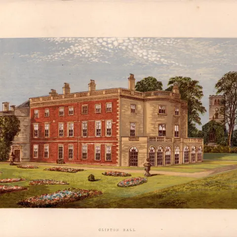 Clifton Hall Cumbria Gilt-Edge Coloured Antique Book Plate.