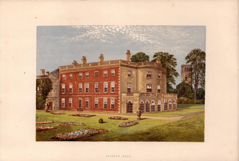 Clifton Hall Cumbria Gilt-Edge Coloured Antique Book Plate.