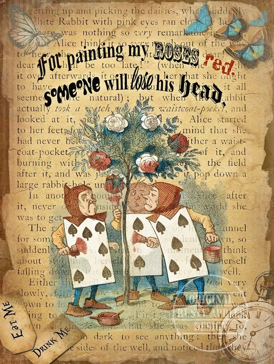 Alice in Wonderland Painting Roses Quote Designed Large Metal Wall Art