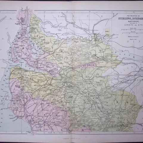 Stirling & Dunbarton, Renfrew Scotland 150 Years-Old Antique 1875 Map-10