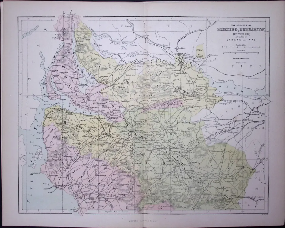 Stirling & Dunbarton, Renfrew Scotland 150 Years-Old Antique 1875 Map-10