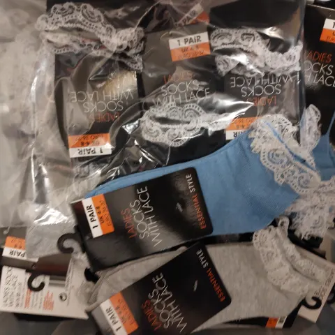 Box of 24 Pairs of Socks, Blue, Grey and Black With Lace Edging