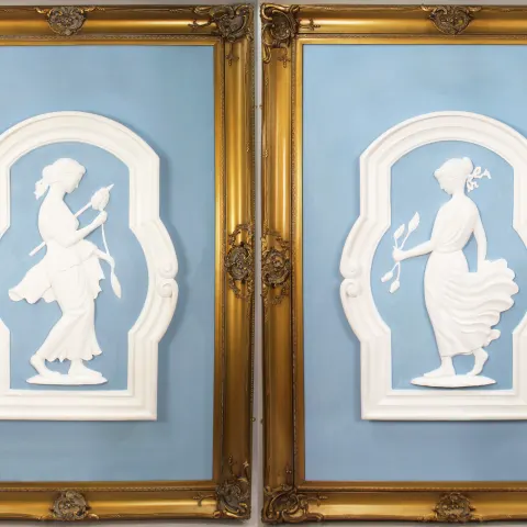Pair of Monumental British Art Deco Plaster Relief Panels in Gilt Frames, c.1930