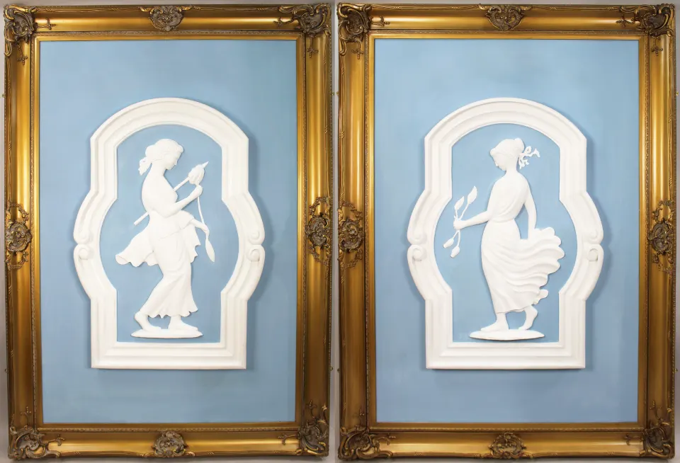 Pair of Monumental British Art Deco Plaster Relief Panels in Gilt Frames, c.1930
