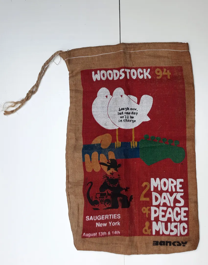 Banksy (Attributed) "Radio Rat" Original Woodstock 1994 Saugerties NY 13 & 14 August Music burlap fo