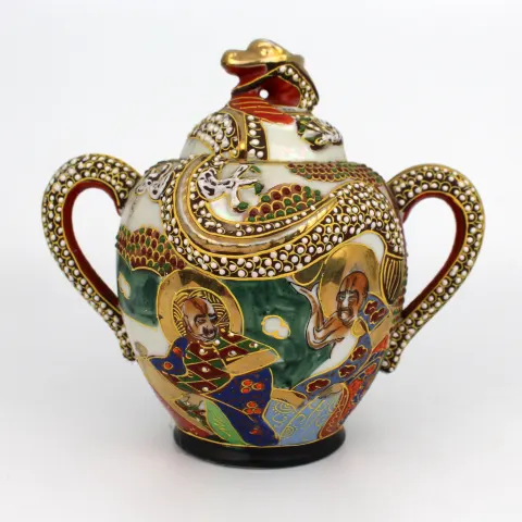 Decorative Japanese Satsuma Ware Lidded Two Handled Bowl