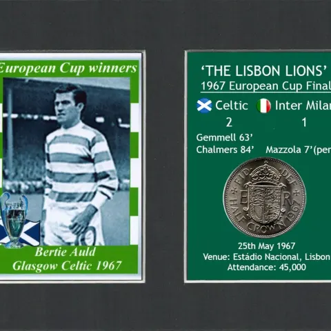 Bertie Auld Celtic European Cup Mount & 57 Year-Old 1967 Coin Display