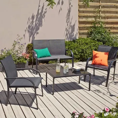 (42/8B) RRP £159. Miami 4 Piece Garden Sofa Set Charcoal. Textoline Seating. Toughened Glass Table