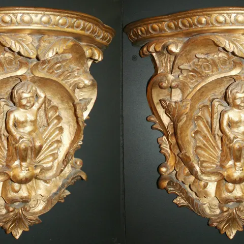 Pair of Gilded Hand Carved Cherubic Wall Brackets