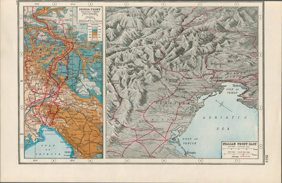 WW1 The Italian  & Isonzo Front Coloured  Antique Map 1922.
