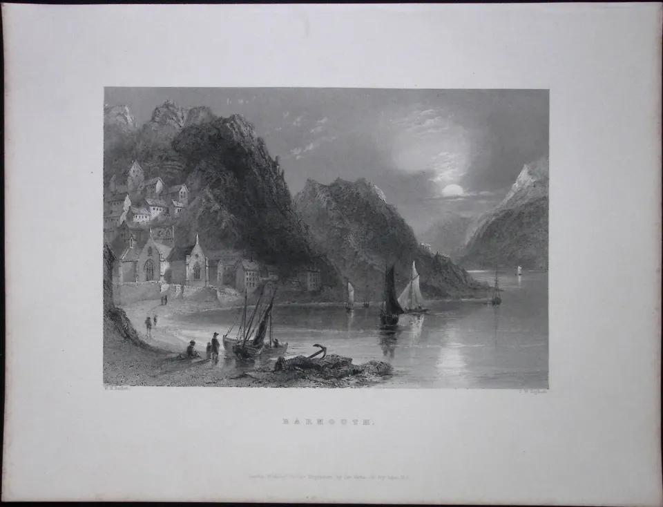 Barmouth Harbour Wales WH Bartlett 1842 Antique Steel Engraving-91