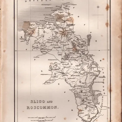 Sligo & Roscommon B/W Antique 1850’s Map Mrs Hall Tour of Ireland.