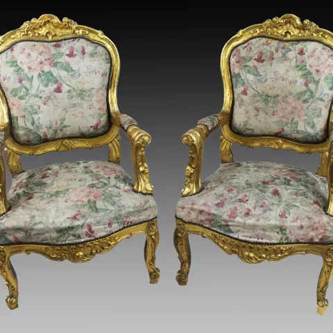 Pair of Vintage Carved Giltwood Louis XV Style Upholstered Armchairs