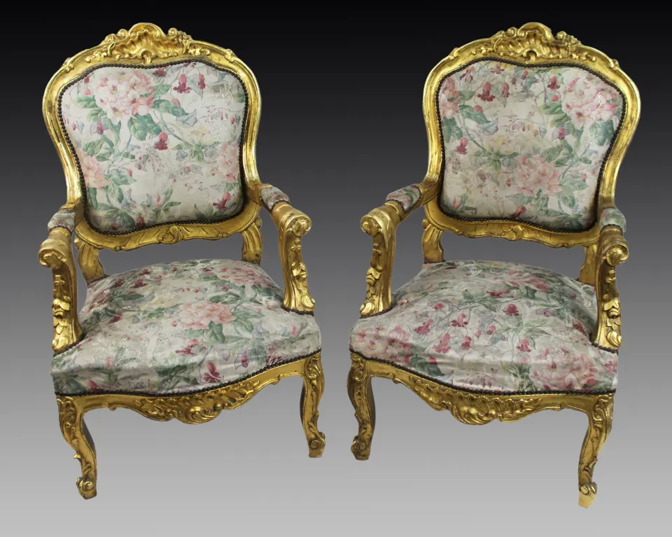 Pair of Vintage Carved Giltwood Louis XV Style Upholstered Armchairs