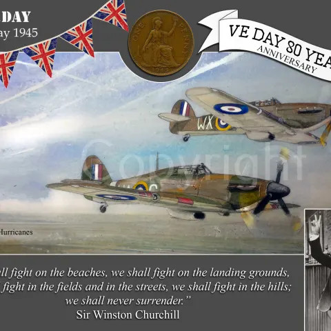 VE Day 80th Anniversary Designed Metal Art Coin Display Pair Hawker Hurricanes
