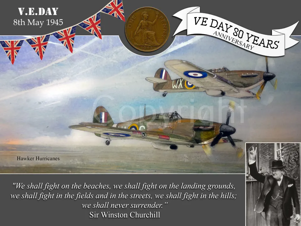 VE Day 80th Anniversary Designed Metal Art Coin Display Pair Hawker Hurricanes