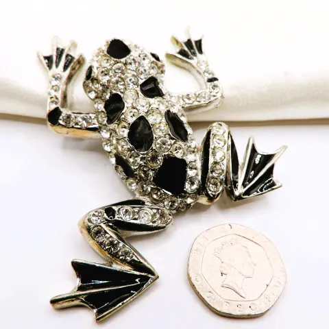 Large Vintage SARDI Signed Black Enamel Crystal Frog Brooch