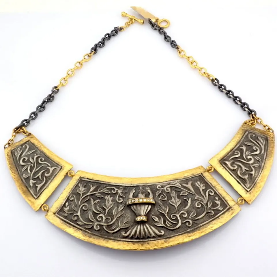 24K Necklace With Mythological Scene Engraved In Silver, Adorned With Silver Accents and Sparkling D