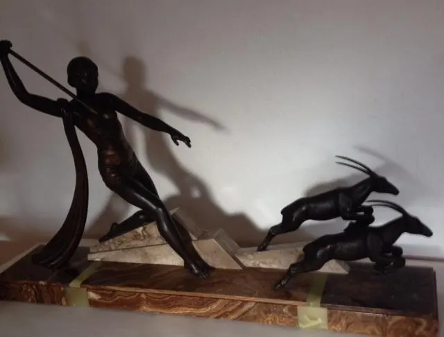 Huge XXL c1930 SUPERB Statement Centrepiece Spelter and Marble ART DECO statue by J. DAUVERGNE