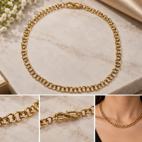 Gold Tone Round Link Chain Necklace – Classic Statement Design